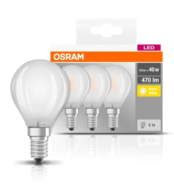 3 Becuri LED Osram Base Classic P, E14, 4W 40W, 470 lm, lumina calda 2700K, semi-transparent