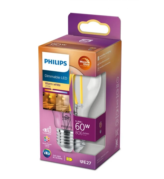 Bec LED Philips Classic A60, EyeComfort, E27, 5.9W 60W, 806 lm, luminacalda 2200-2700K, dimabil, cu filament