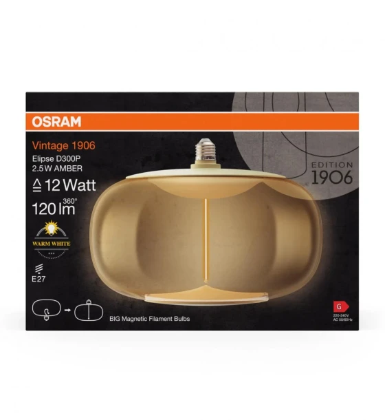 Bec LED vintage decorativ OSRAM Amber cu filament magnetic, E27, 2.5W 12W, 120 lm, lumina calda 2700K, clasa energetica G