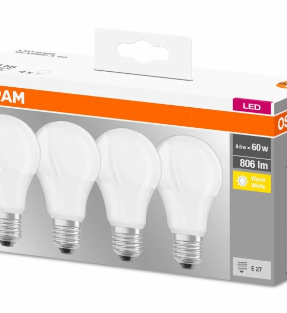 4 Becuri LED Osram Base Classic A, E27, 8.5W 60W, 806 lm, luminacalda 2700K