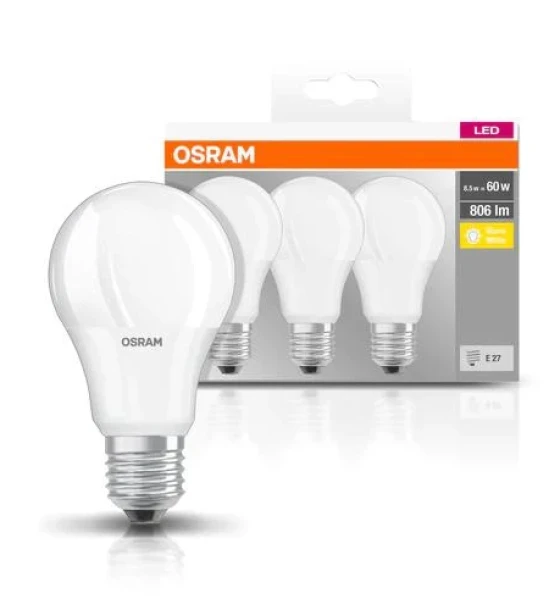3 Becuri LED Osram Base Classic A, E27, 8.5W 60W, 806 lm, luminacalda 2700K
