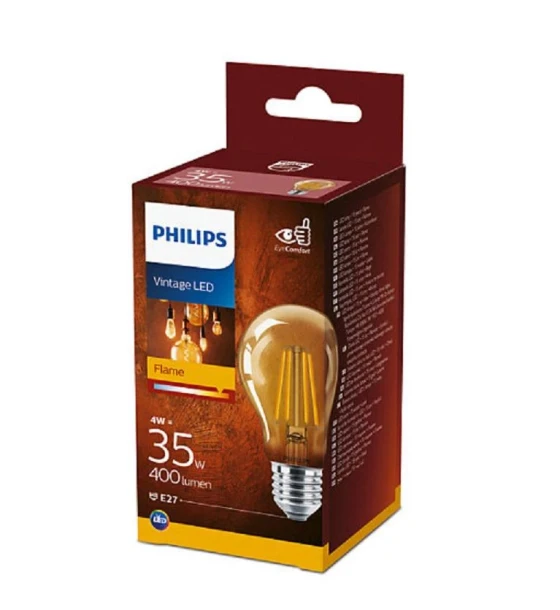 Bec LED vintage decorativ Philips Classic Gold Bulb A60, EyeComfort, E27, 4W 35W, 400 lm, lumina calda 2500K, cu filament