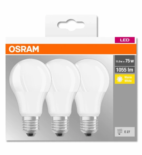 3 Becuri LED Osram Base Classic A, E27, 10W 75W, 1055 lm, luminacalda 2700K
