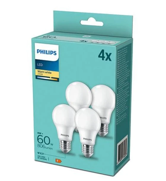 4 Becuri LED Philips A60, E27, 8W 60W, 806 lm, lumina calda 2700K, mat