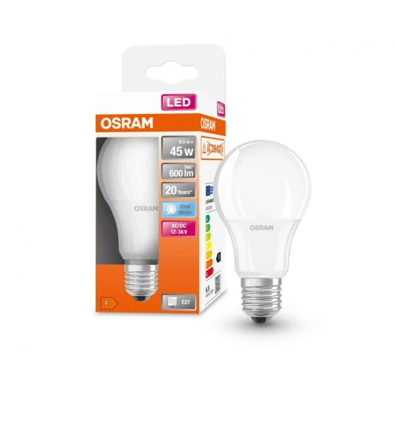 Bec LED Osram Classic A60, E27, 12-36V AC/DC, 6.5W 45W, 600 lm, luminaneutra 4000K, nu functioneaza la 220-240V