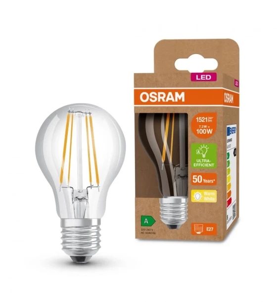 Bec LED Osram Classic A60, Ultra Efficient Light, E27, 7.2W 100W, 1521 lm, lumina calda 3000K, cu filament