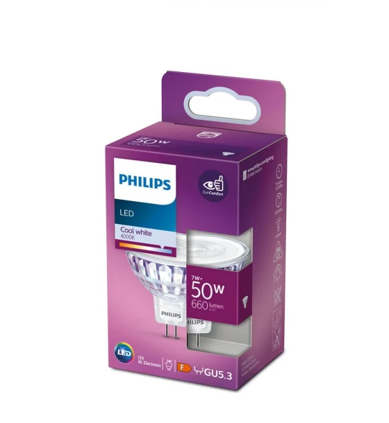 Bec LED Philips, EyeComfort, GU5.3, 7W 50W, 660 lm, luminaneutra 4000K