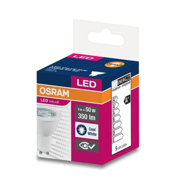 Bec LED Osram Value PAR16, 5W 50W, 350 lm, lumina neutra 4000K