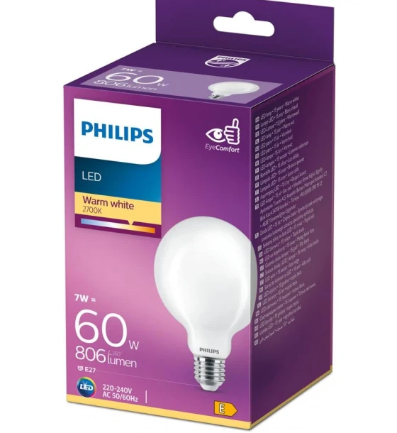 Bec LED Philips Classic G93, EyeComfort, E27, 7W 60W, 806 lm, luminacalda 2700K, mat