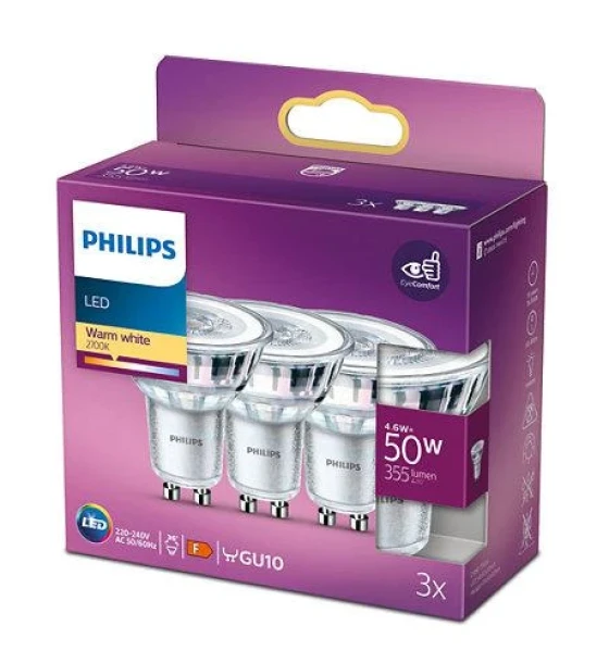 3 Becuri LED Philips Classic Spot, GU10, 4.6W 50W, 355 lm, luminacalda 2700K