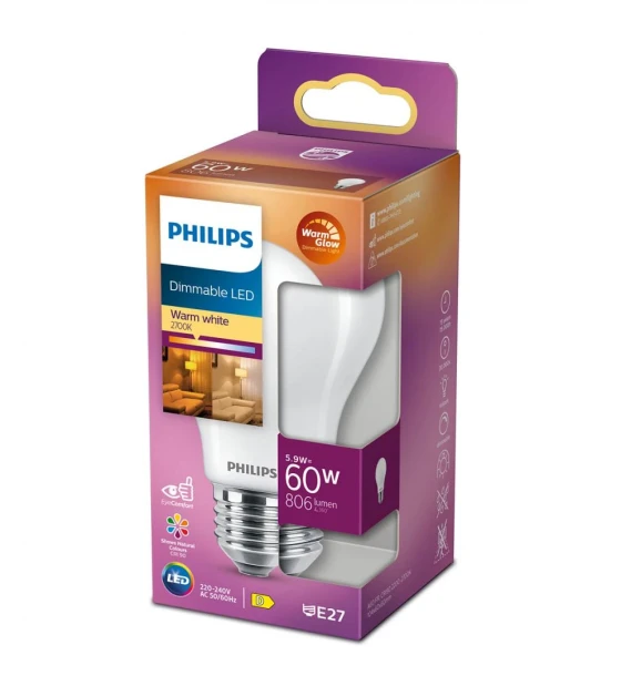 Bec LED Philips Classic A60, EyeComfort, E27, 5.9W 60W, 806 lm, luminacalda 2200-2700K, dimabil, mat