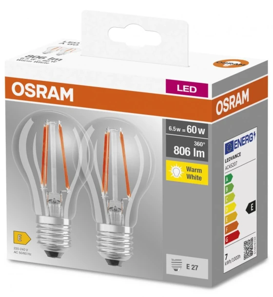 2 Becuri LED Osram Base Classic A, E27, 6.5W 60W, 806 lm, lumina calda 2700K, cu filament