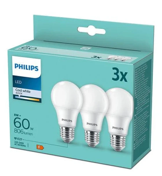 3 Becuri LED Philips A60, E27, 8W 60W, 806 lm, lumina neutra 4000K, mat