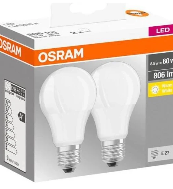 2 Becuri LED Osram Base Classic A, E27, 8.5W 60W, 806 lm, luminacalda 2700K