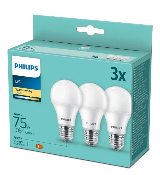 3 Becuri LED Philips A60, E27, 10W 75W, 1055 lm, lumina calda 2700K, mat