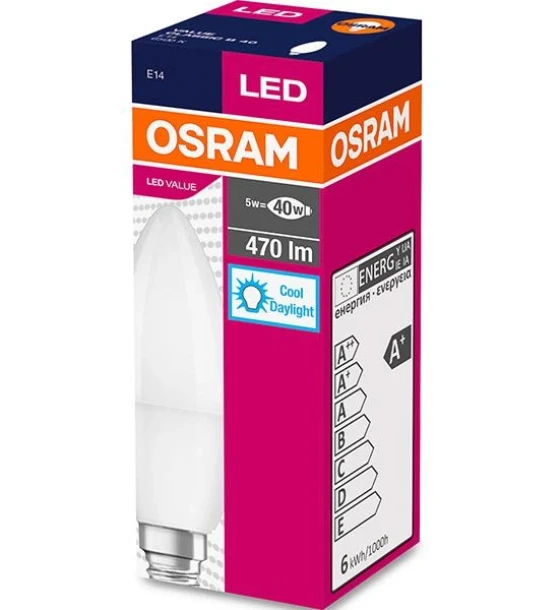 Bec LED Osram Value Classic B, E14, 4.9W 40W, 470 lm, lumina rece 6500K