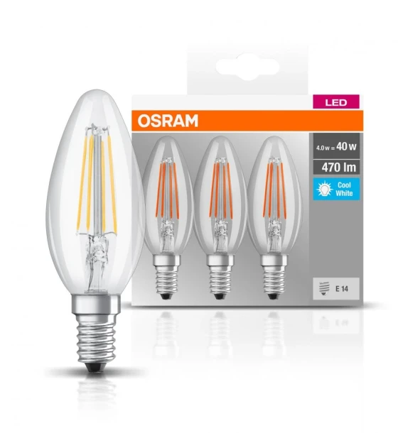 3 Becuri LED Osram Base Classic B, E14, 4W 40W, 470 lm, luminaneutra 4000K, cu filament