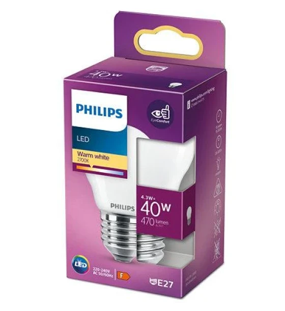 Bec LED Philips Classic P45, EyeComfort, E27, 4.3W 40W, 470 lm, luminacalda 2700K, mat