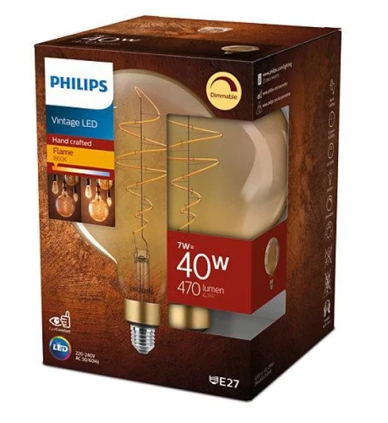 Bec LED vintage decorativ Philips Classic Gold Giant G200, EyeComfort, E27, 7W 40W, 470 lm, lumina calda 1800K, dimabil, cu filament, 28.6x20.2cm