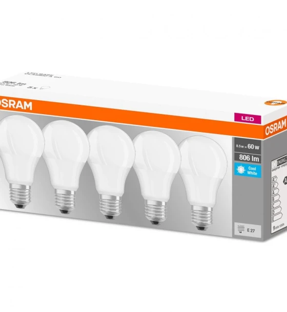 5 Becuri LED Osram Base Classic A, E27, 8.5W 60W, 806 lm, luminaneutra 4000K
