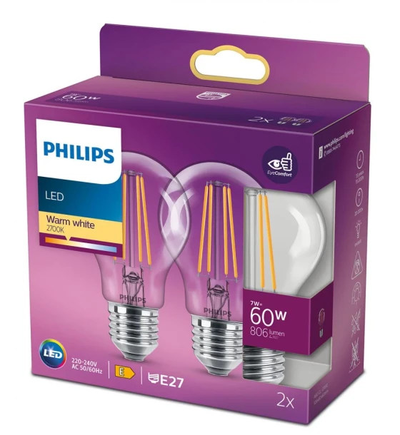 2 Becuri LED Philips Classic A60, EyeComfort, E27, 7W 60W, 806 lm, lumina calda 2700K, cu filament