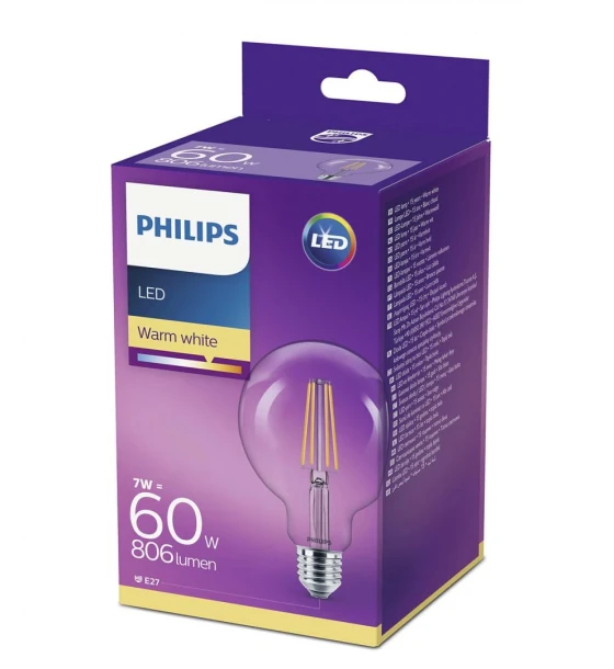 Bec LED Philips Classic G93, EyeComfort, E27, 7W 60W, 806 lm, luminacalda 2700K, cu filament, 14x9.5cm