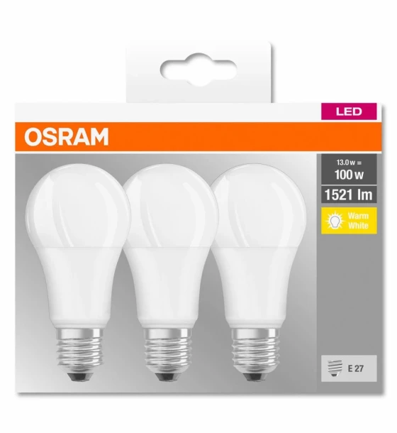 3 Becuri LED Osram Base Classic A, E27, 13W 100W, 1521 lm, luminacalda 2700K