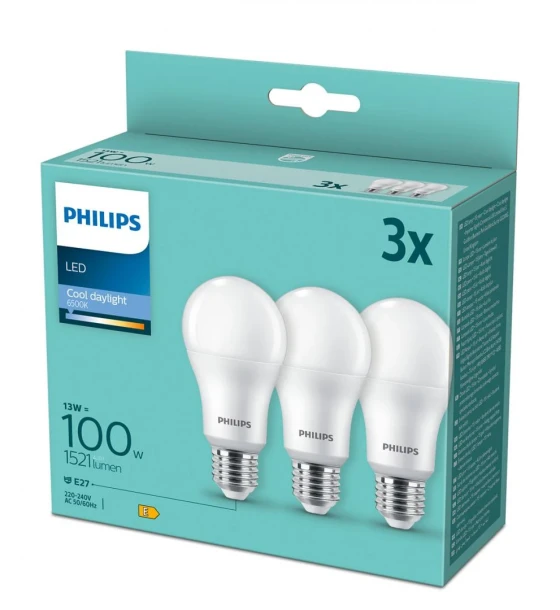3 Becuri LED Philips A67, E27, 13W 100W, 1521 lm, lumina rece 6500K, mat