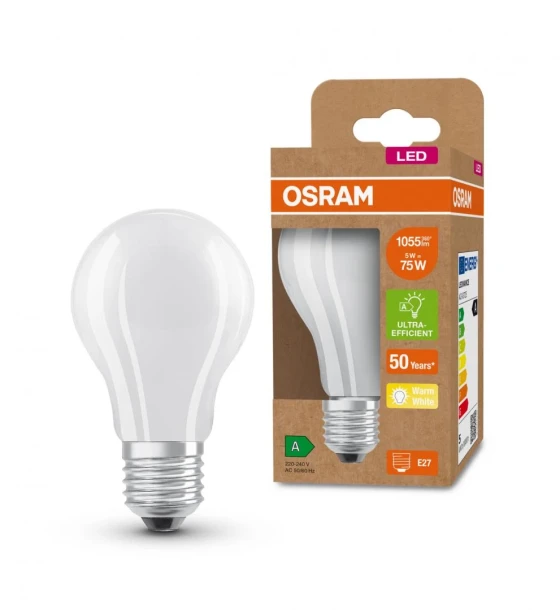 Bec LED Osram Classic A60, Ultra Efficient Light, E27, 5W 75W, 1055lm, lumina calda 3000K