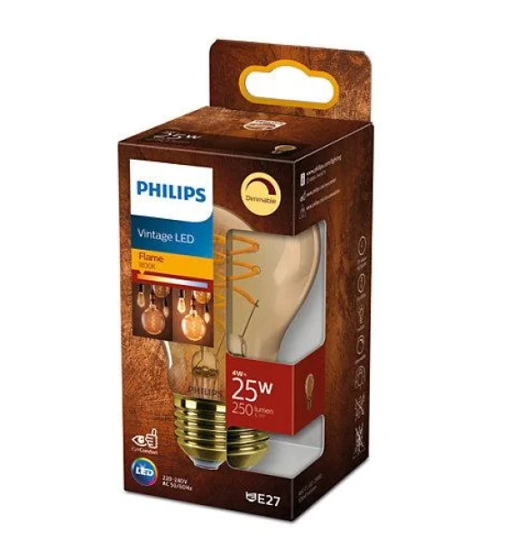 Bec LED vintage decorativ Philips Classic Gold Bulb A60, EyeComfort, E27, 4W 25W, 250 lm, lumina calda 1800K, dimabil, cu filament