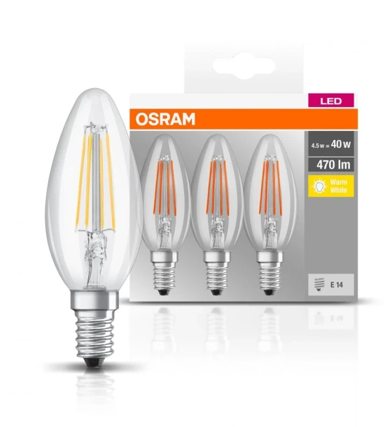 3 Becuri LED Osram Base Classic B, E14, 4W 40W, 470 lm, luminacalda 2700K, cu filament