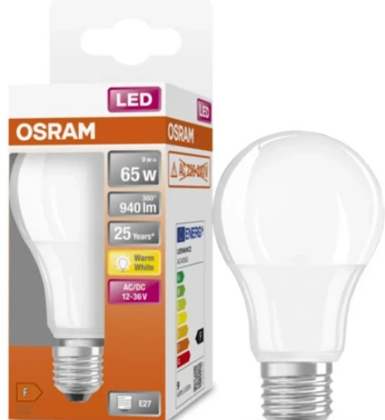 Bec LED Osram Classic A60, E27, 12-36V AC/DC, 9W 65W, 940 lm, luminacalda 2700K, nu functioneaza la 220-240V