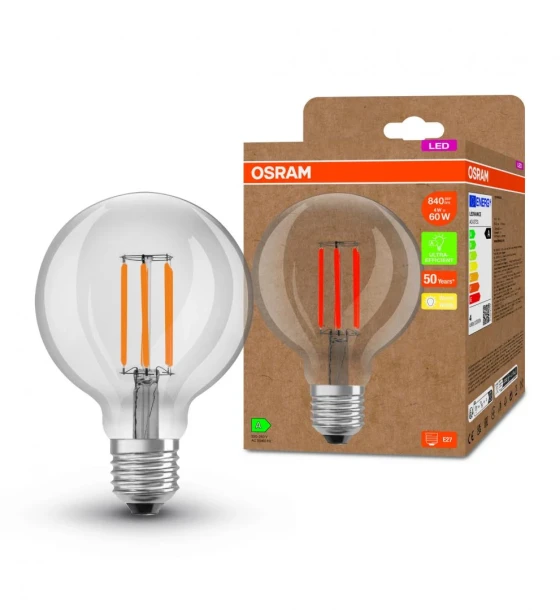 Bec LED Osram Globe A95, Ultra Efficient Light, E27, 4W 60W, 840 lm, lumina calda 3000K, cu filament