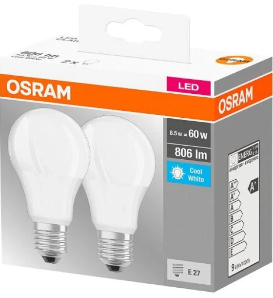 2 Becuri LED Osram Base Classic A, E27, 8.5W 60W, 806 lm, luminaneutra 4000K