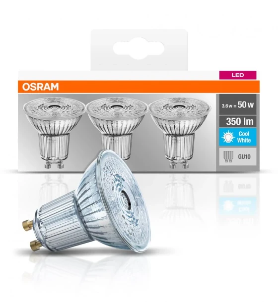 3 Becuri LED Osram Base PAR16 36, GU10, 4.3W 50W, 350 lm, luminaneutra 4000K
