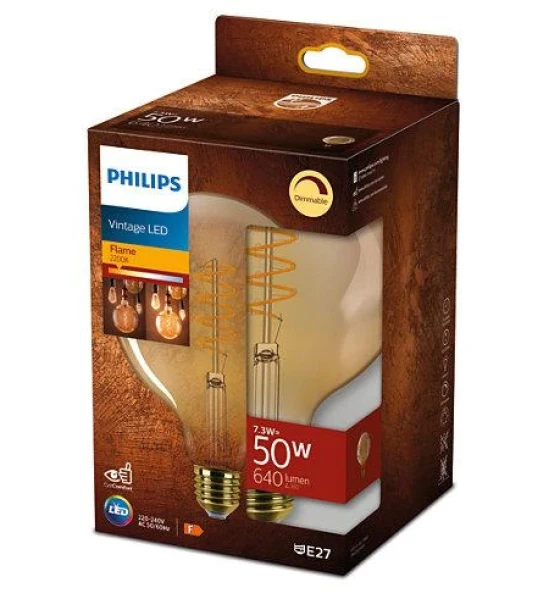 Bec LED vintage decorativ Philips Classic Gold Globe G120, EyeComfort, E27, 7.3W 50W, 640 lm, lumina calda 2200K, dimabil, cu filament