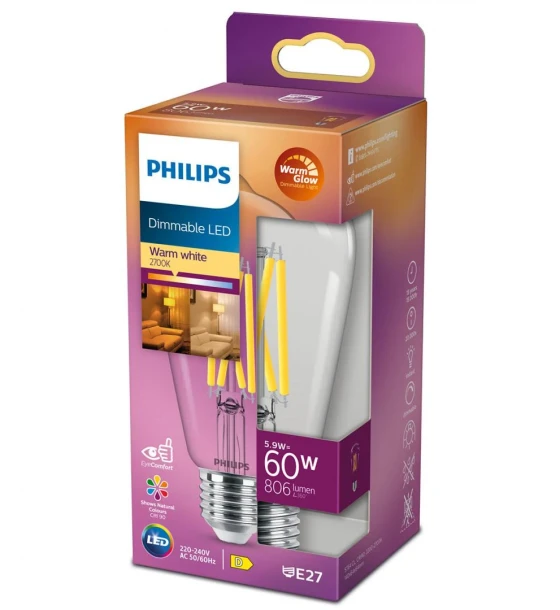 Bec LED Philips Classic ST64, EyeComfort, E27, 5.9W 60W, 806 lm, luminacalda 2200-2700K, dimabil, cu filament