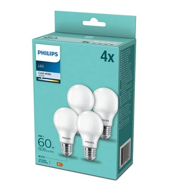 4 Becuri LED Philips A60, E27, 8W 60W, 806 lm, lumina neutra 4000K, mat
