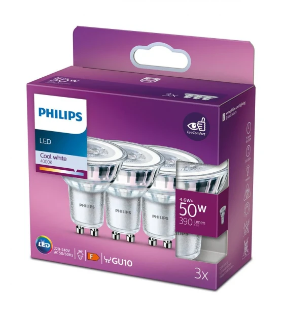 3 Becuri LED Philips Classic Spot, GU10, 4.6W 50W, 390 lm, luminaneutra 4000K