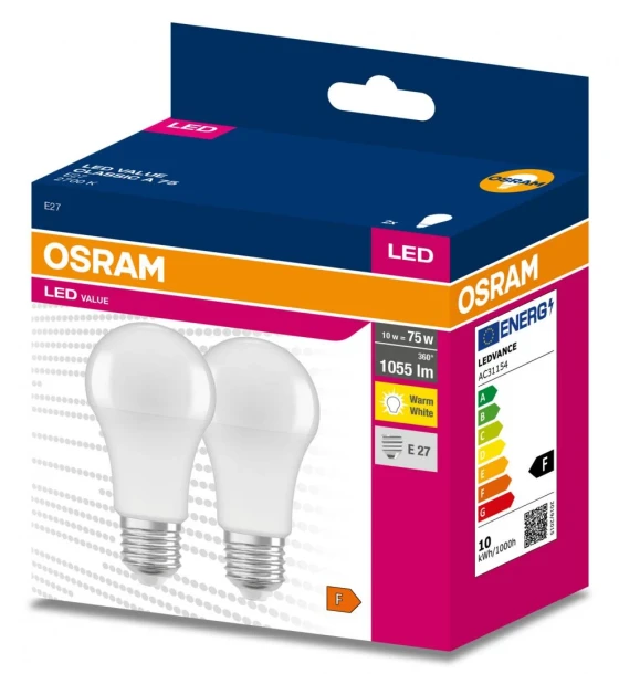 2 Becuri LED Osram Value Classic A, E27, 10W 75W, 1055 lm, luminacalda 2700K
