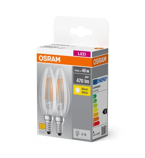 2 Becuri LED Osram Base Classic B, E14, 4W 40W, 470 lm, lumina calda 2700K, cu filament