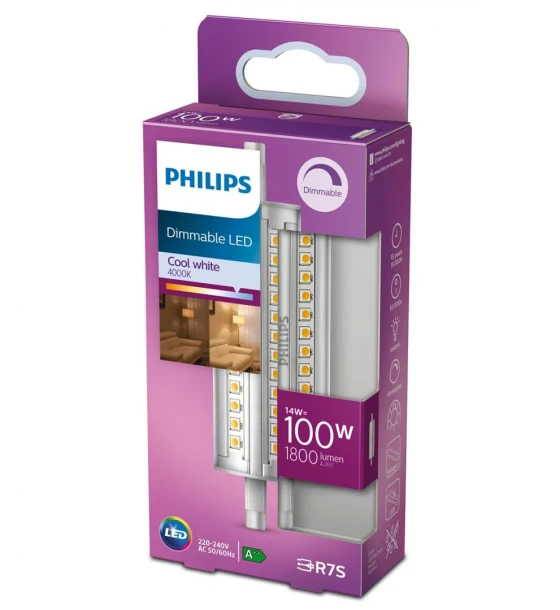 Bec LED Philips, R7S, 14W 100W, 1800 lm, lumina neutra 4000K, dimabil, 118mm