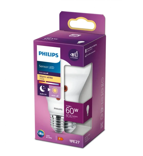 Bec LED cu senzor de lumina Philips A60, EyeComfort, E27, 7.5W 60W, 806lm, lumina calda 2700K, mat