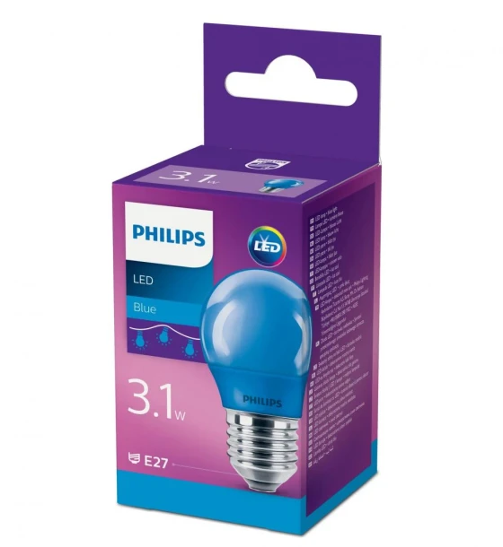 Bec LED Philips COLORED BLUE P45, E27, 3.1W 25W, lumina albastra