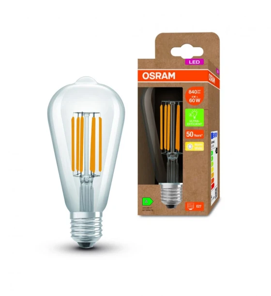 Bec LED Osram Edison A64, Ultra Efficient Light, E27, 4W 60W, 840 lm, lumina calda 3000K, cu filament