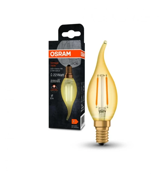 Bec LED Osram Vintage 1906 CLAS BA, E14, 2.5W 22W, 220 lm, luminacalda 2400K, cu filament