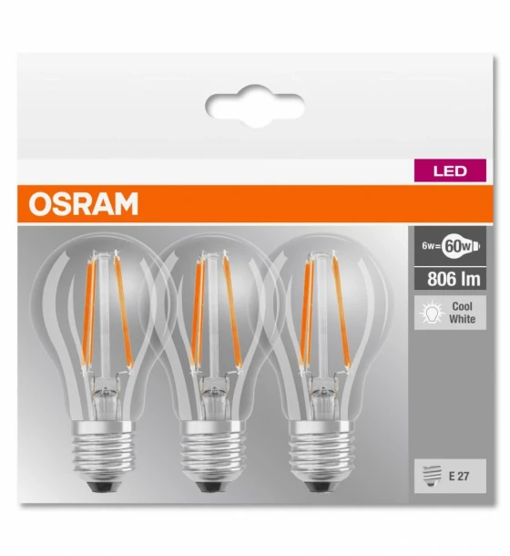 3 Becuri LED Osram Base Classic A, E27, 7W 60W, 806 lm, lumina neutra 4000K, cu filament
