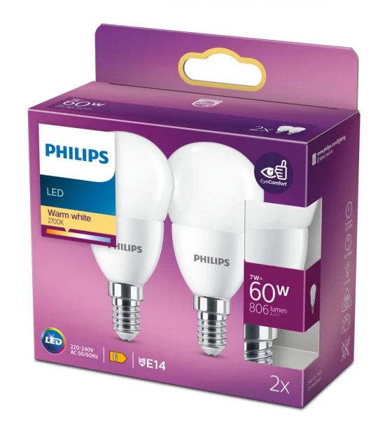 2 Becuri LED Philips P48, EyeComfort, E14, 7W 60W, 806 lm, luminacalda 2700K, mat