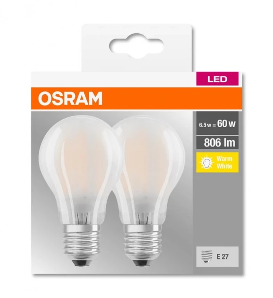2 Becuri LED Osram Base Classic A, E27, 7W 60W, 806 lm, luminacalda 2700K, semi-transparent