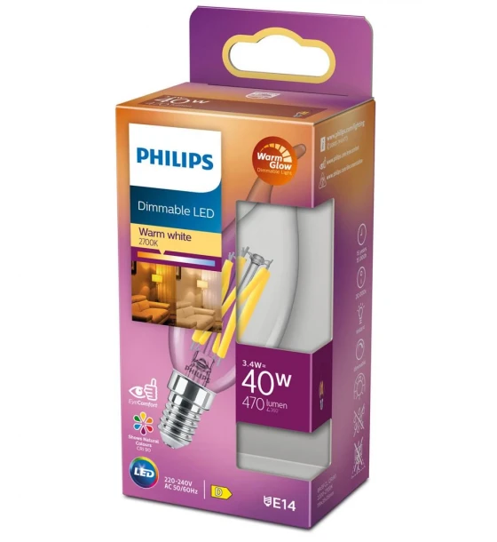 Bec LED Philips Classic BA35, EyeComfort, E14, 3.4W 40W, 470 lm, luminacalda 2200-2700K, dimabil, cu filament